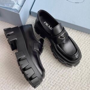 Prada Black Polished Leather Lug-Sole Loafers